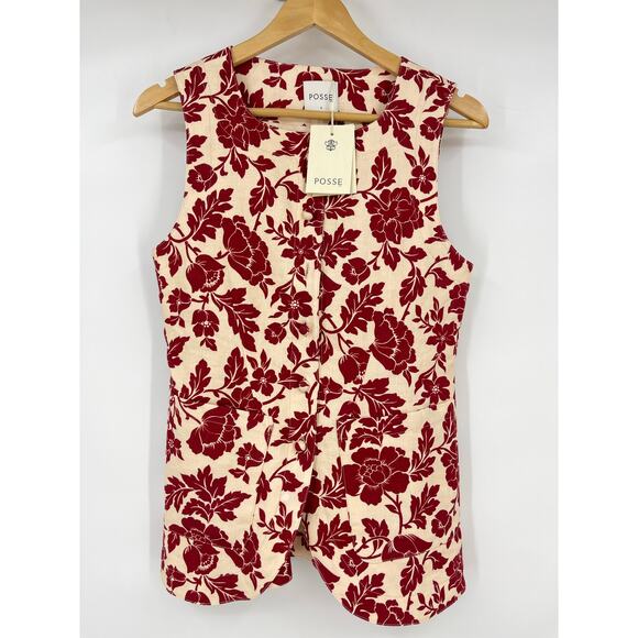 Posse Romeo | Vest in Deep Red & Oat Vintage Floral Printed Linen S - Picture 2 of 14
